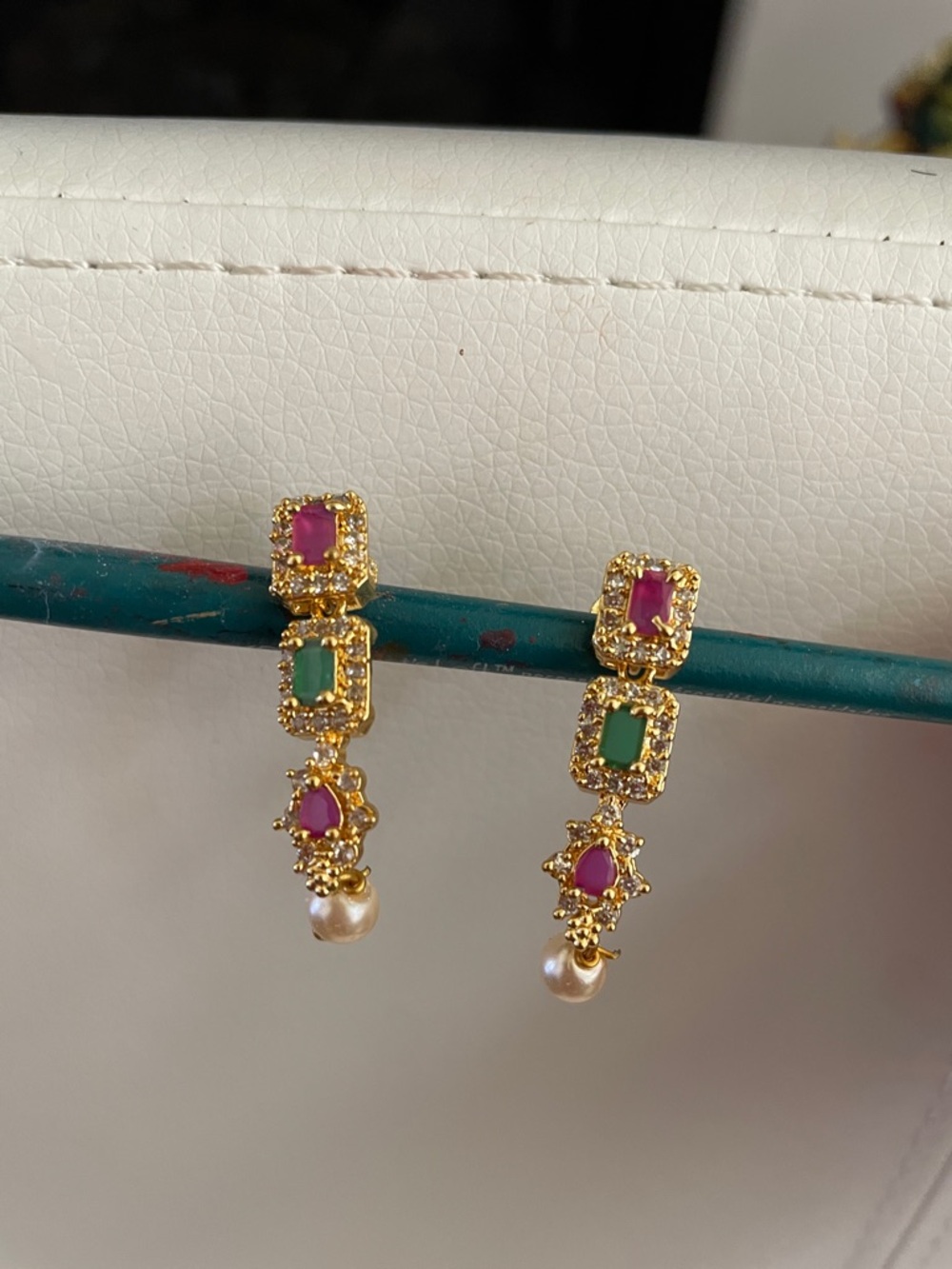 Gold-Tone Pink & Green Gem Drop Earrings with Pearl Accent